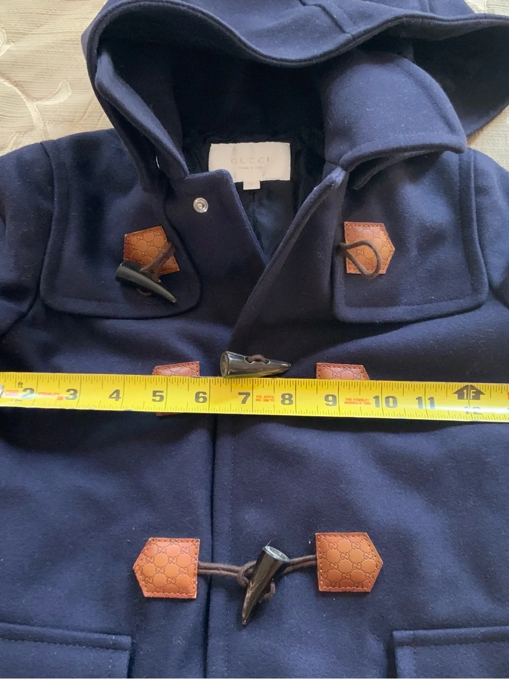 GUCCI Kids Navy Wool Duffle Coat Leather GG Pattern Toggles Hooded Size 5 Italy